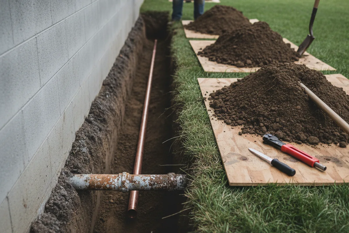 Excavated water line trench during Water Heater Repair in Okoboji